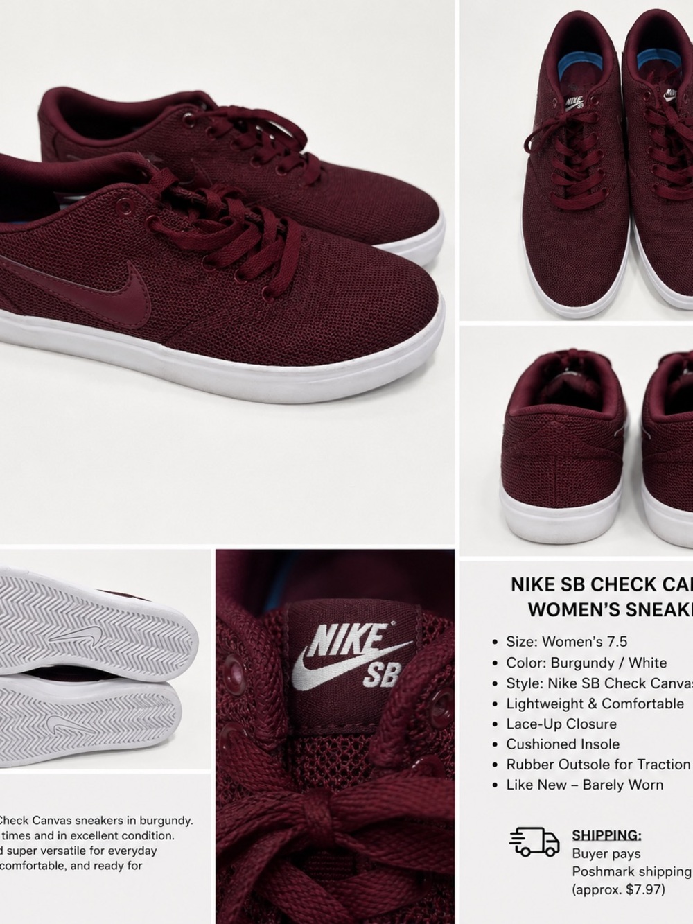 Nike SB Check Canvas Sneakers Women’s 7.5 Burgundy White